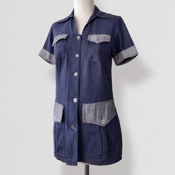 Vintage Utility Denim Jean Jacket Short Sleeve O/S Blue Navy Festival Grunge Y2K - Picture 4 of 10